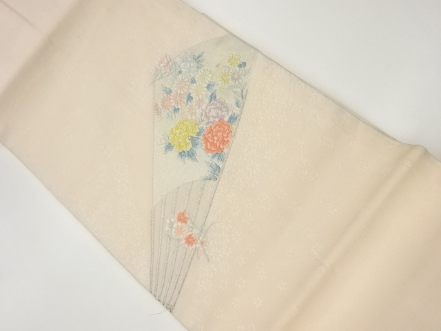 リサイクル　花に扇子・小花散らし模様織出し名古屋帯